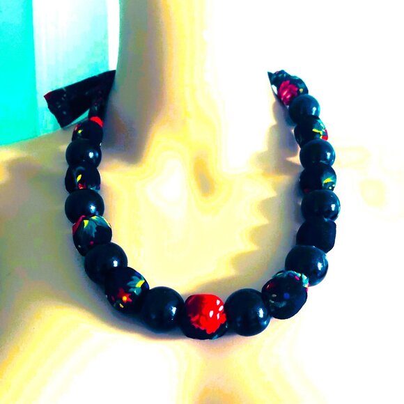 Boho Black Wooden Necklace Floral Fabric Covered Eco Friendly Handcrafted - Picture 2 of 4